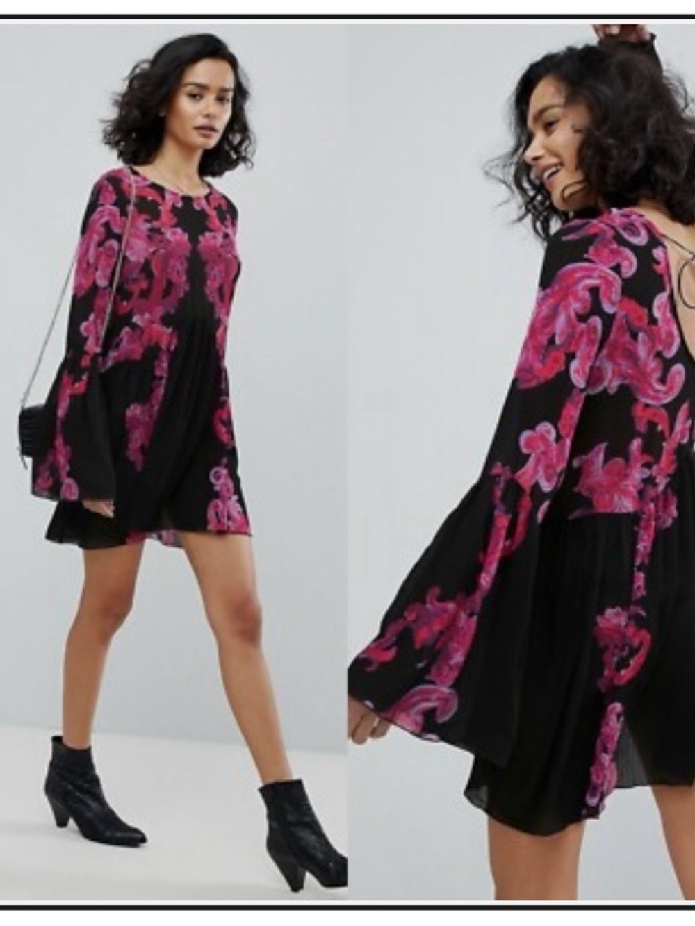 Free People Black Tunic Dress with Pink Floral Print